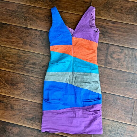 NICOLE MILLER Y2K Colorblock Sleeveless Ruched Bodycon Dress - Picture 3 of 6